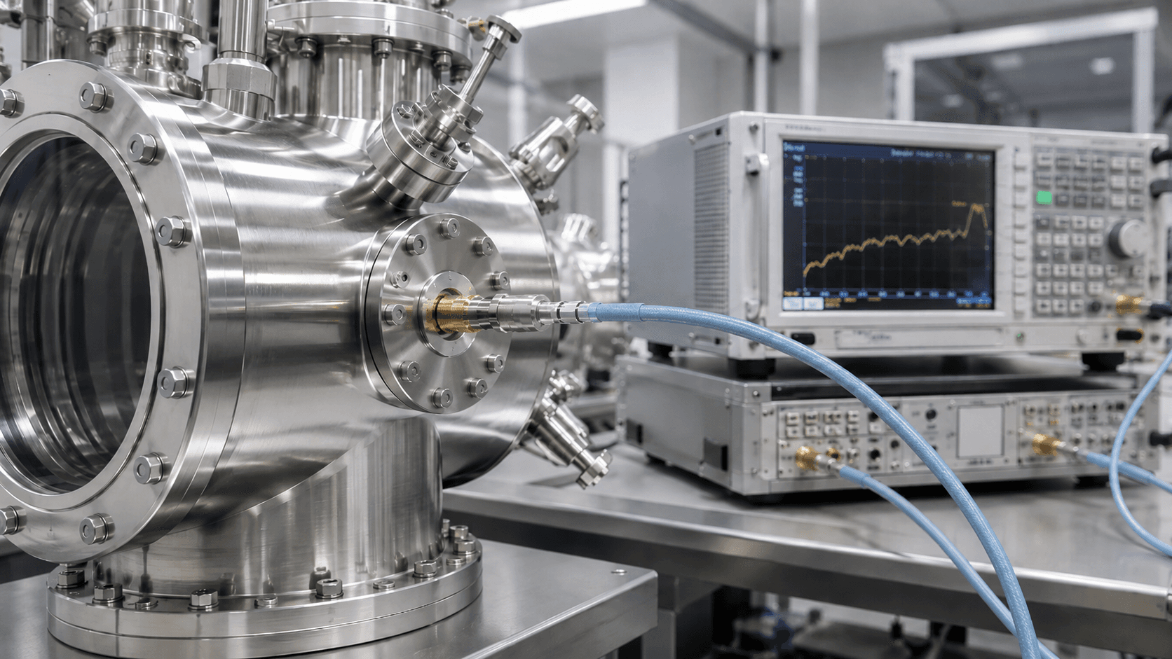 RF cable assembly inside a vacuum chamber for TVAC and space simulation testing