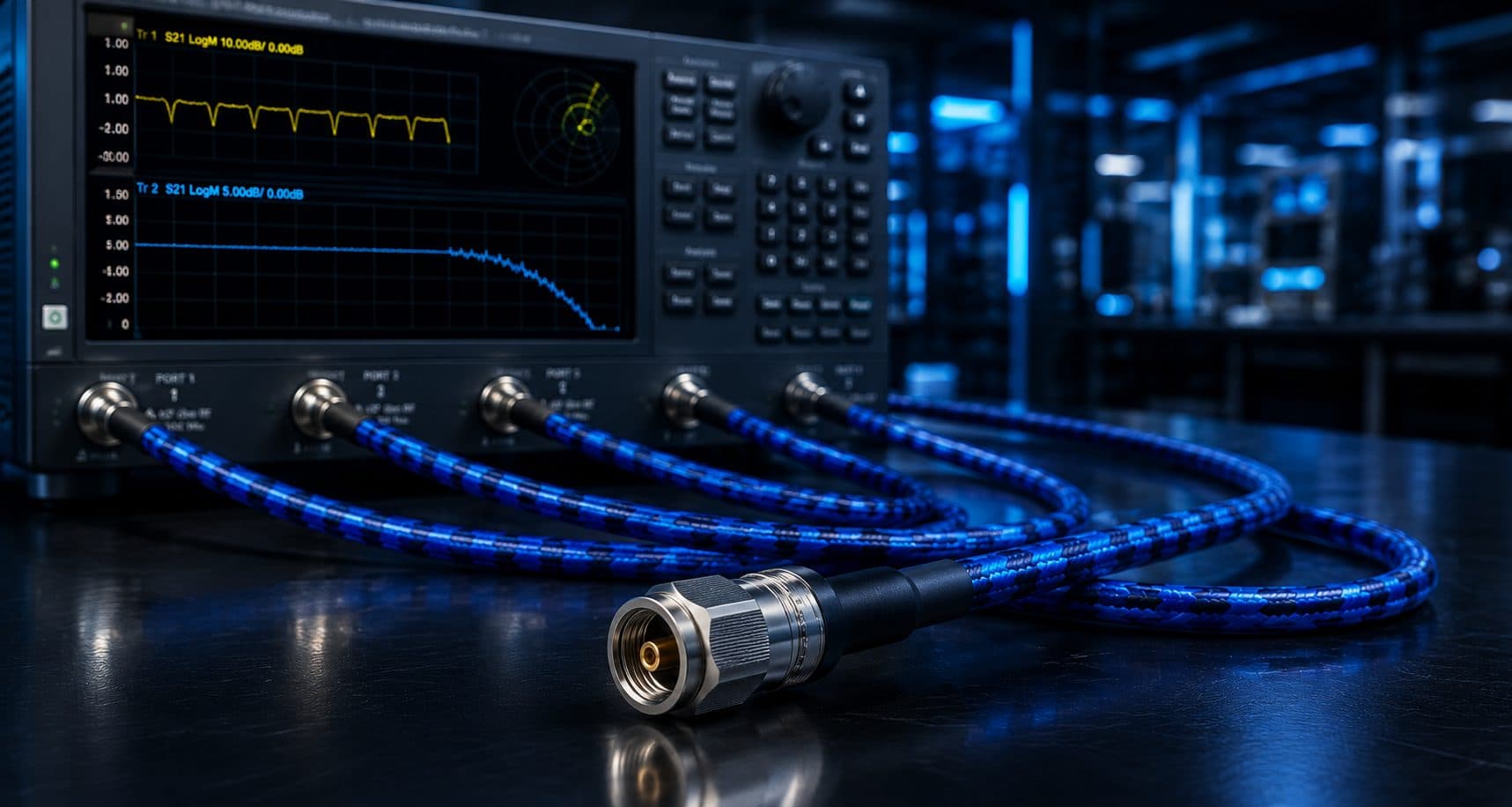 Junkosha RF cable assemblies connected to a network analyzer — precision test interconnects available in Israel via Koto Electronics
