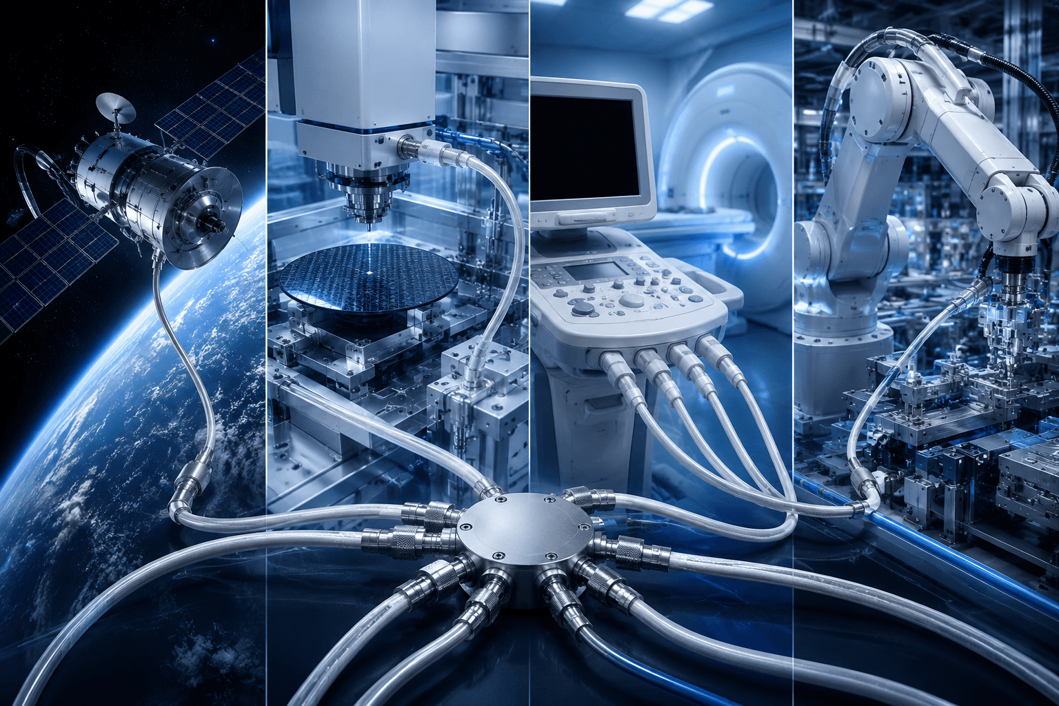 Industrial robot arm with high-flex fluoropolymer cable assembly in a cleanroom