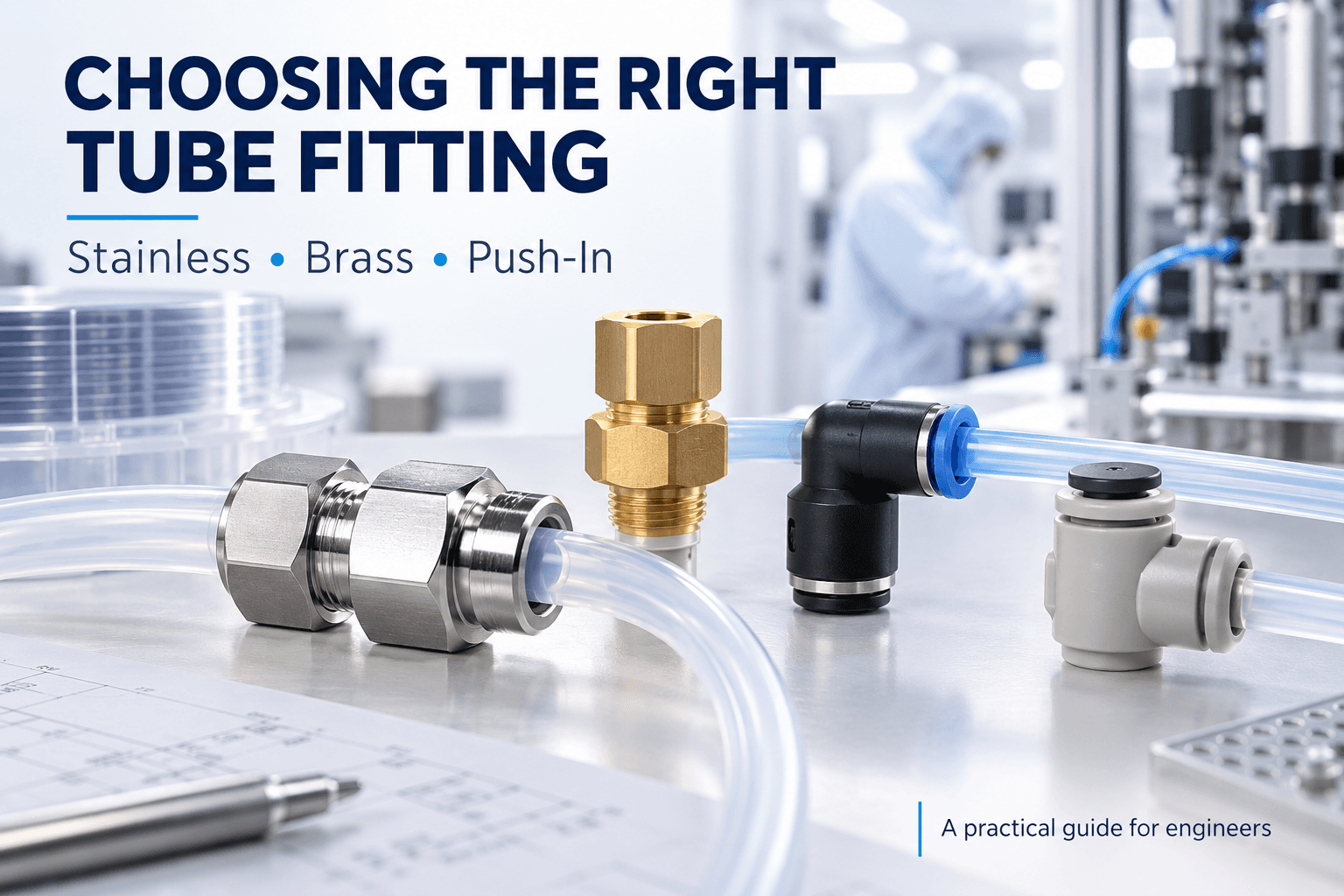Stainless steel and push-in tube fittings for fluoropolymer and industrial tubing systems